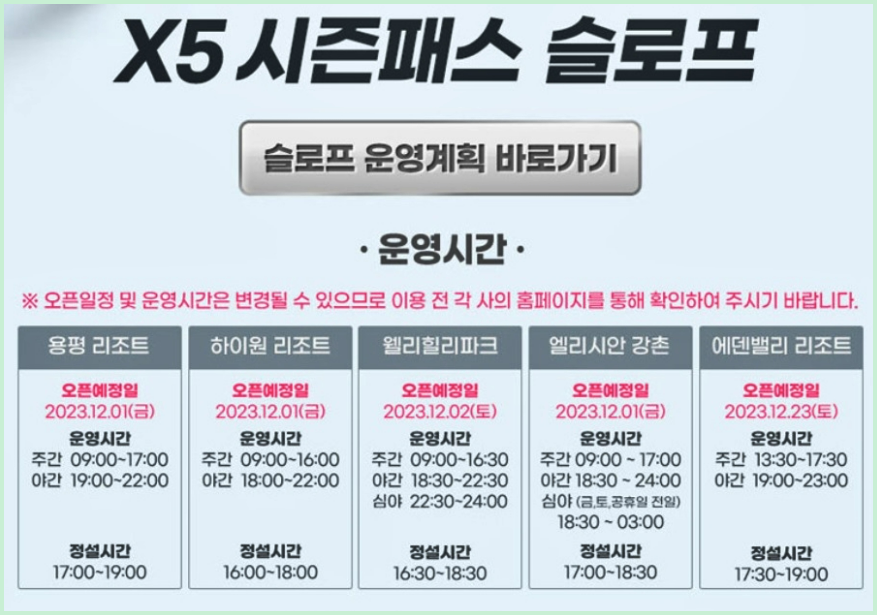 X5 시즌패스 슬로프 운영시간